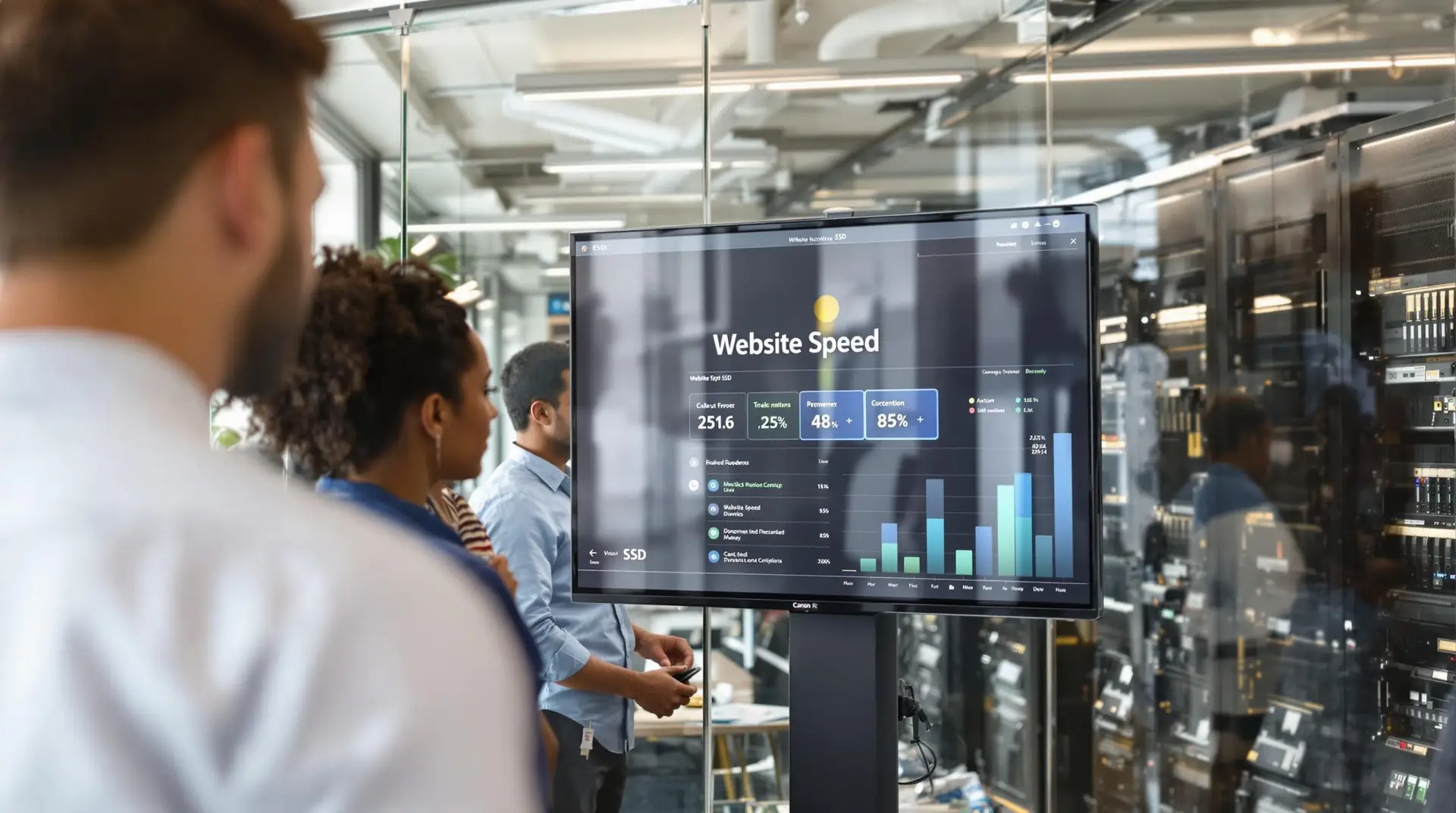 Team reviews fast website stats in modern office with SSD server rack visible